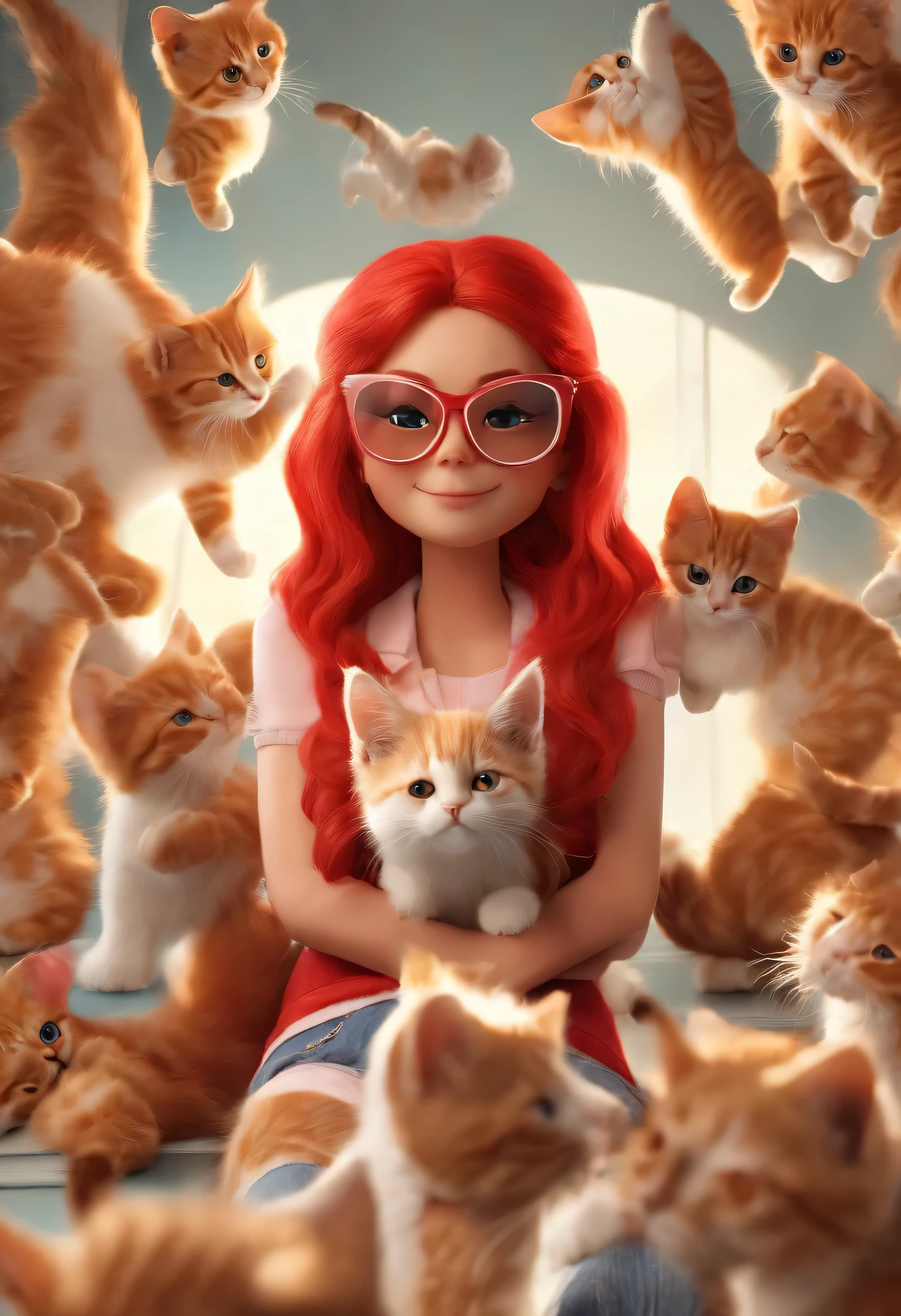 Cat holding many keychains(Red hair:1.6) , cute cat, , wearing sunglasses, slippers, Smile, standing posture, The beauty of abstraction, center, looking at camera, face camera, almost perfect, Dynamic, Very detailed, Smooth, sharp focus, 8k