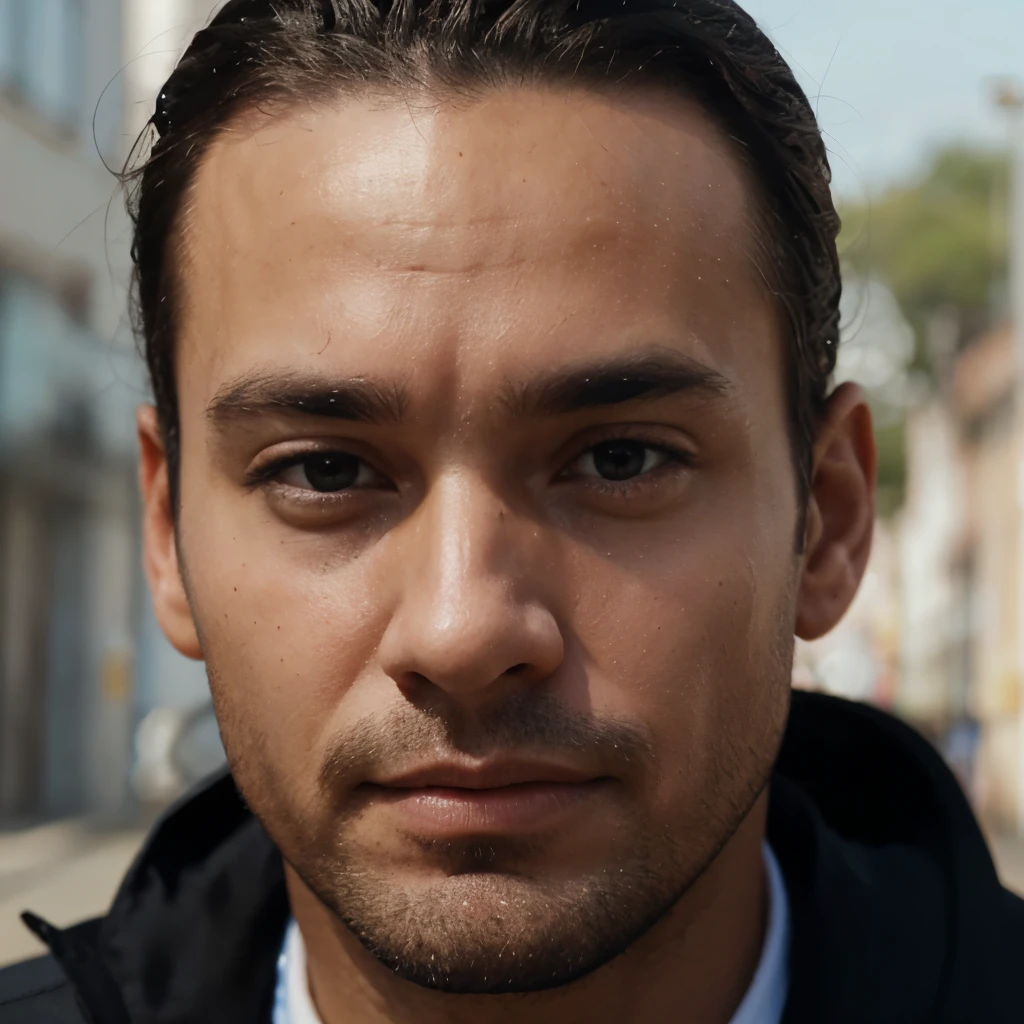 Man's sweaty forehead, Hyperrealistic, zoomed, hd, high detail, close-up