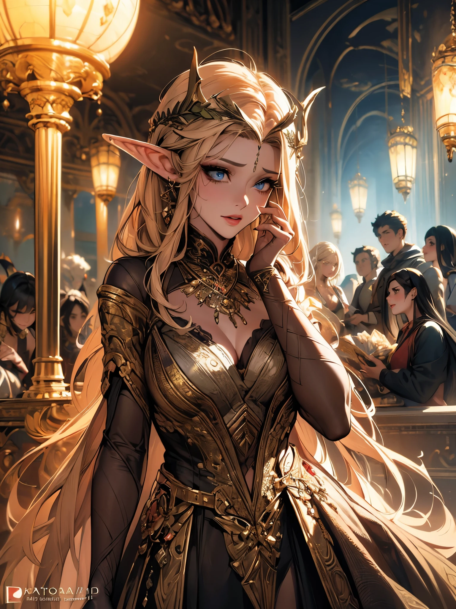 (((masterpiece))), best quality, hyper detailed gouache style painting portrait of a group of beautiful female elves, smooth shadows, hyper realistic textures, 8k, best quality, realistic cartoony features, stylized illustration, smooth shadows, correct anathomy, chromatic aberration, neon highlights, global warm lights, dynamic poses, expressive facial expressions