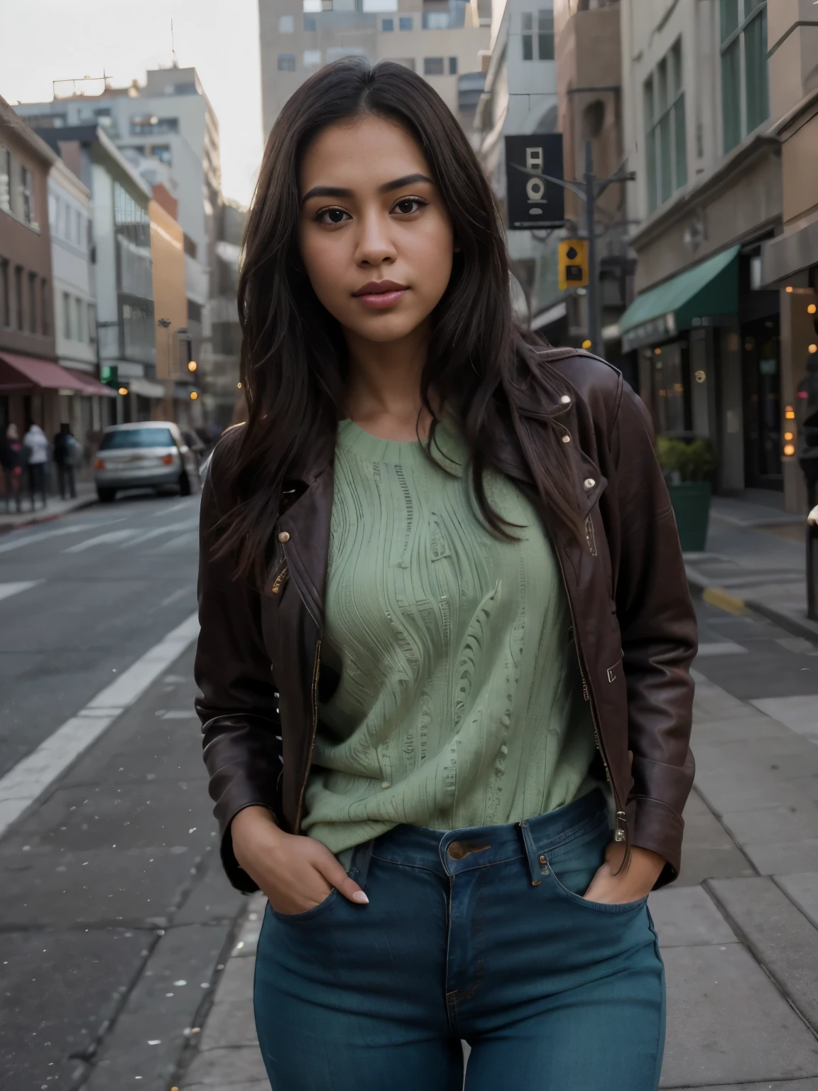 photorealistic, best quality, hyper detailed, Tala, cute Hawaiian girl, very short, skinny, medium breasts, long dark hair, curvy, lips closed, thoughtful expression, detailed face, detailed lips, best shadow, RAW, instagram LUT, dressed into jeans and a leather jacket with a green sweater, in the city, gloomy day, cold