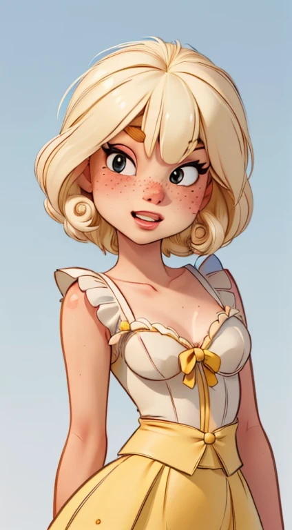 ((best quality, masterpiece:1.2), detailed face: 1.1) rizdraws) ultra-detailed face, soft pointed features, ultra high res, 1 (18yo), australian, looking at viewer, pale skin tone, face freckles, (long blonde floating hair), (small bust: 1.2), (blushing), (wearing "snow white" costume) (yellow high waist puffy skirt) (blue bustier top) (red bow in hair) (short bob black wig)