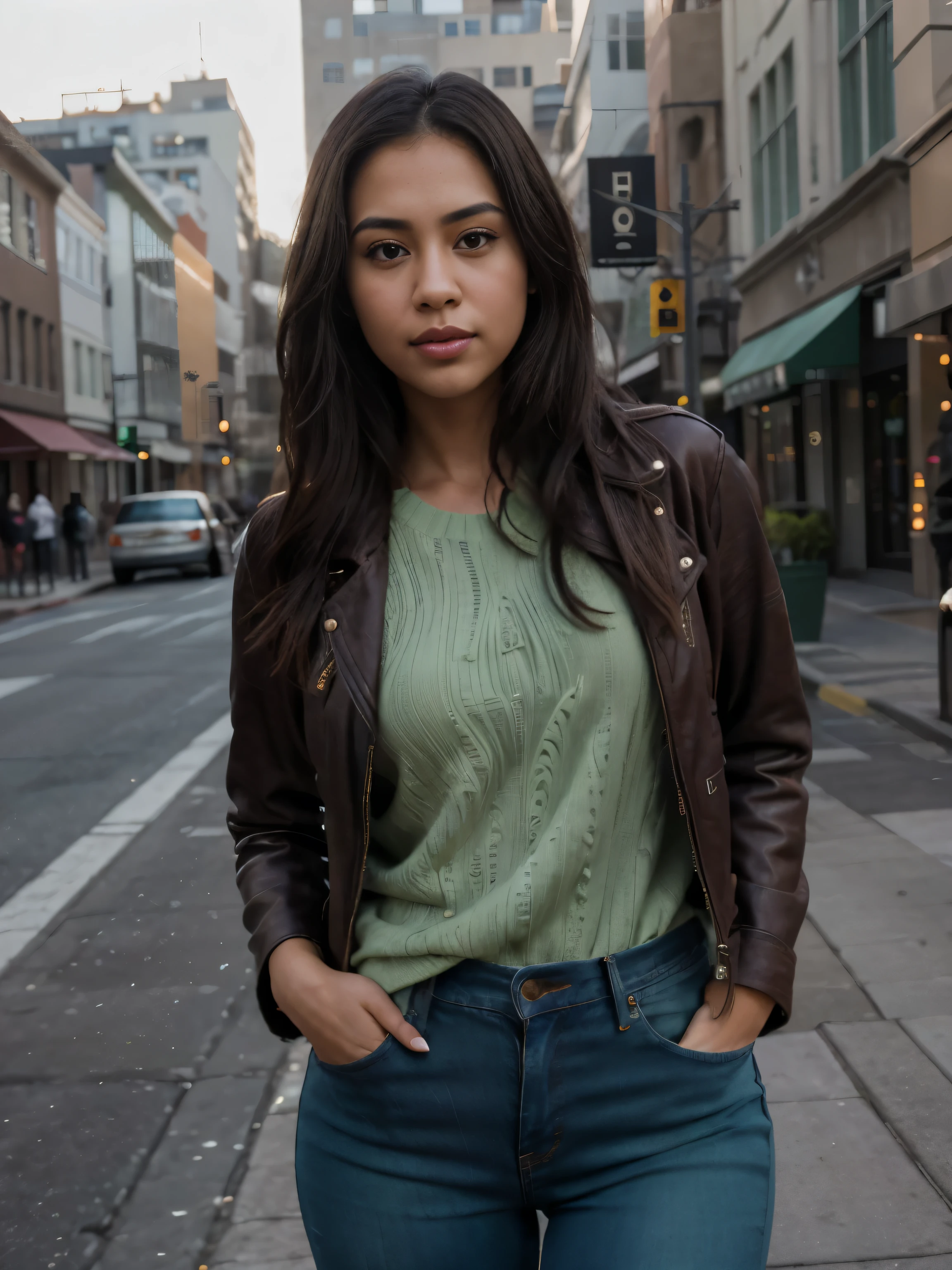 photorealistic, best quality, hyper detailed, Tala, cute Hawaiian girl, very short, skinny, medium breasts, long dark hair, curvy, lips closed, thoughtful expression, detailed face, detailed lips, best shadow, RAW, instagram LUT, dressed into jeans and a leather jacket with a green sweater, in the city, gloomy day, cold