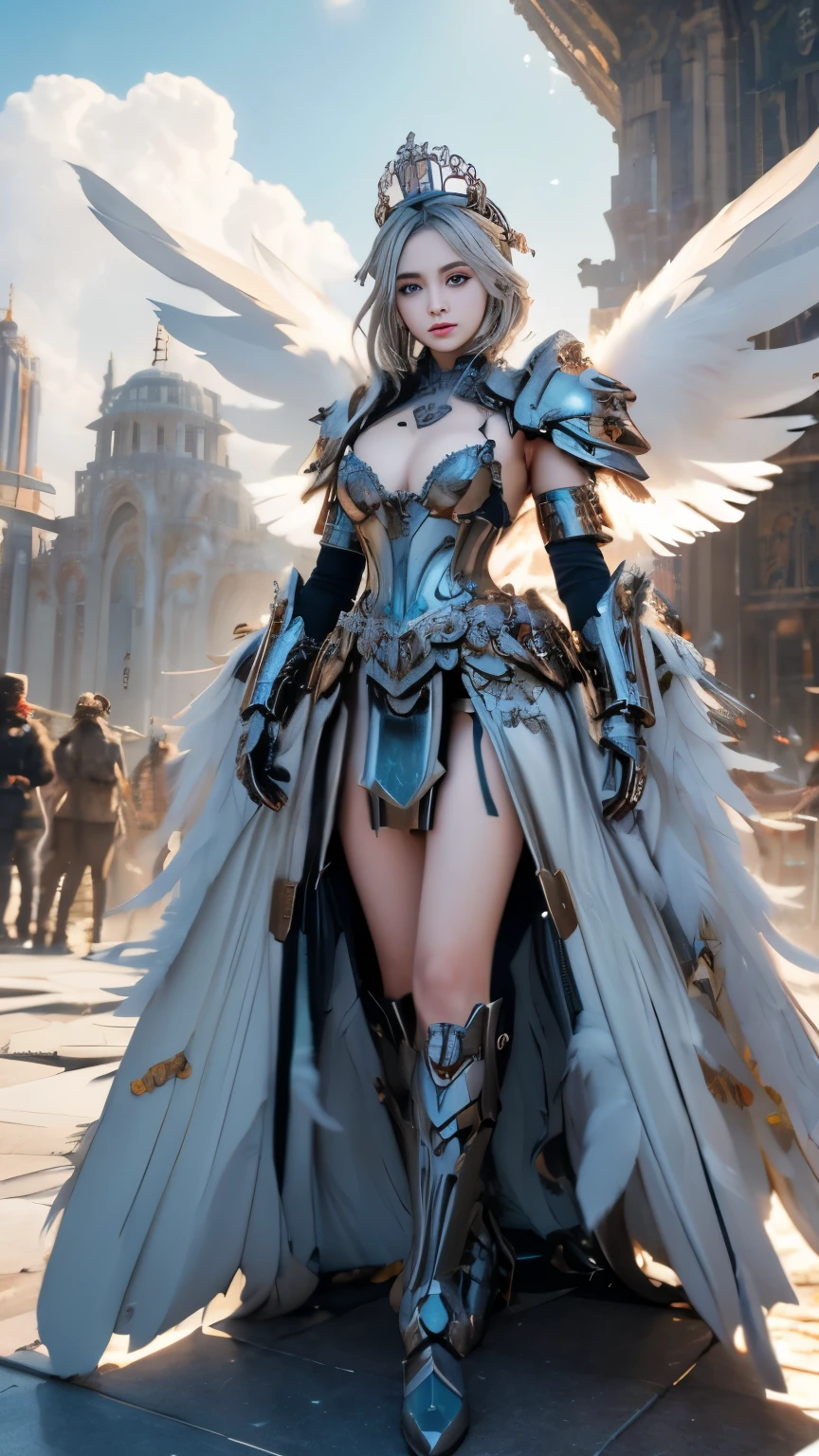 (highest quality, masterpiece:1.4), (realism:1.2), (Realistic:1.2), (disorganized:1.2), (realistic:1.3), 1 girl,realistic skin,alone,( very big eyes,beautiful and detailed eyes, symmetrical eyes), mekangel, wing, alone, armor, mechanical wing, Supermodel posing dramatically , translucent, cinematic composition, 8K resolution ,(shine:1.2),many rings of light above,Sacred,broken city,cloud, ,kingdom,crown,Wind,lots of feathers,backlighting,intelligence,pieces of machinery,Artistic,Canon EOS 1DX Mark III camera,cocktail dress lactar art:1.1), drill hair,festival, Holding a great sword、Upper body、cleavage、gray hair