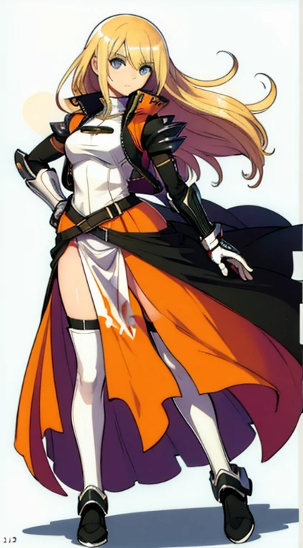 (((Best Quality))) , ((full body)), female, character design, solo, (white background), holding axe, gauntlets, waist armor, thigh high, side slit trench skirt, blue, orange, green, violet, brown, white, colorful outfit, vest, tactical vest,