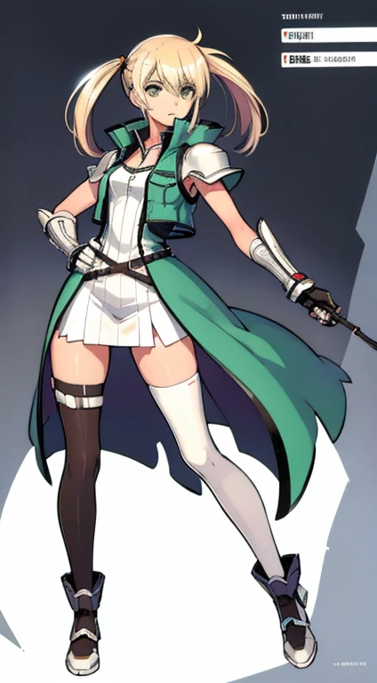 (((Best Quality))) , ((full body)), female, character design, solo, (white background), holding axe, gauntlets, waist armor, thigh high, side slit trench skirt, blue, orange, green, violet, brown, white, colorful outfit, vest, tactical vest,