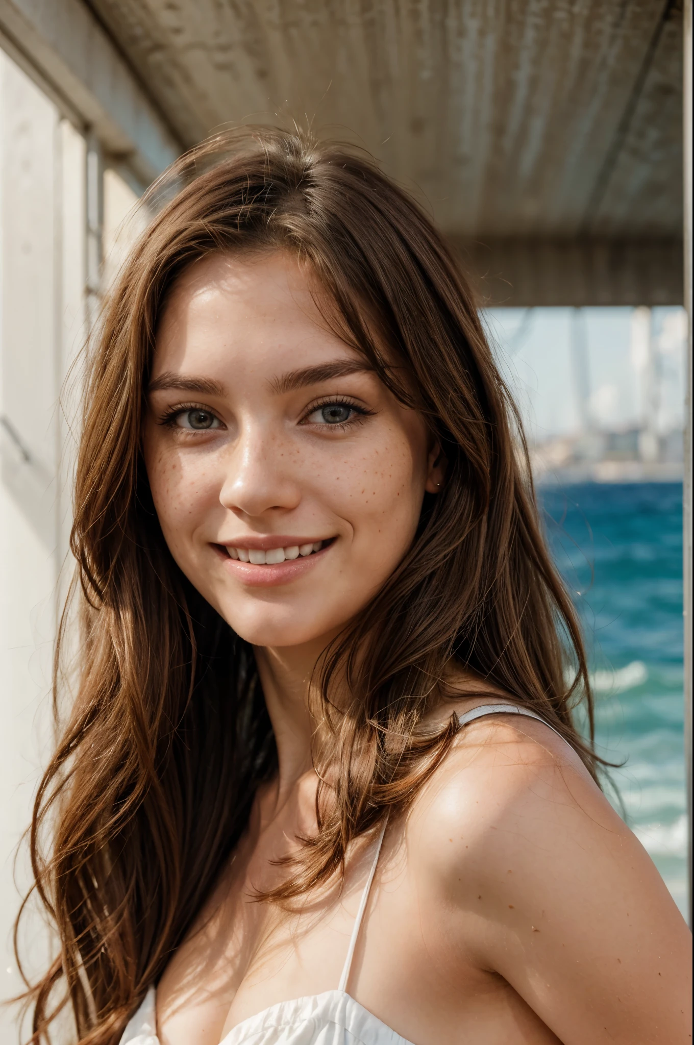 https://.seaart.ai/explore/detail/cm1k3gde878c73ci32n0 hyper realistic, freckles, beautiful brunette smiling, long hair, half body
