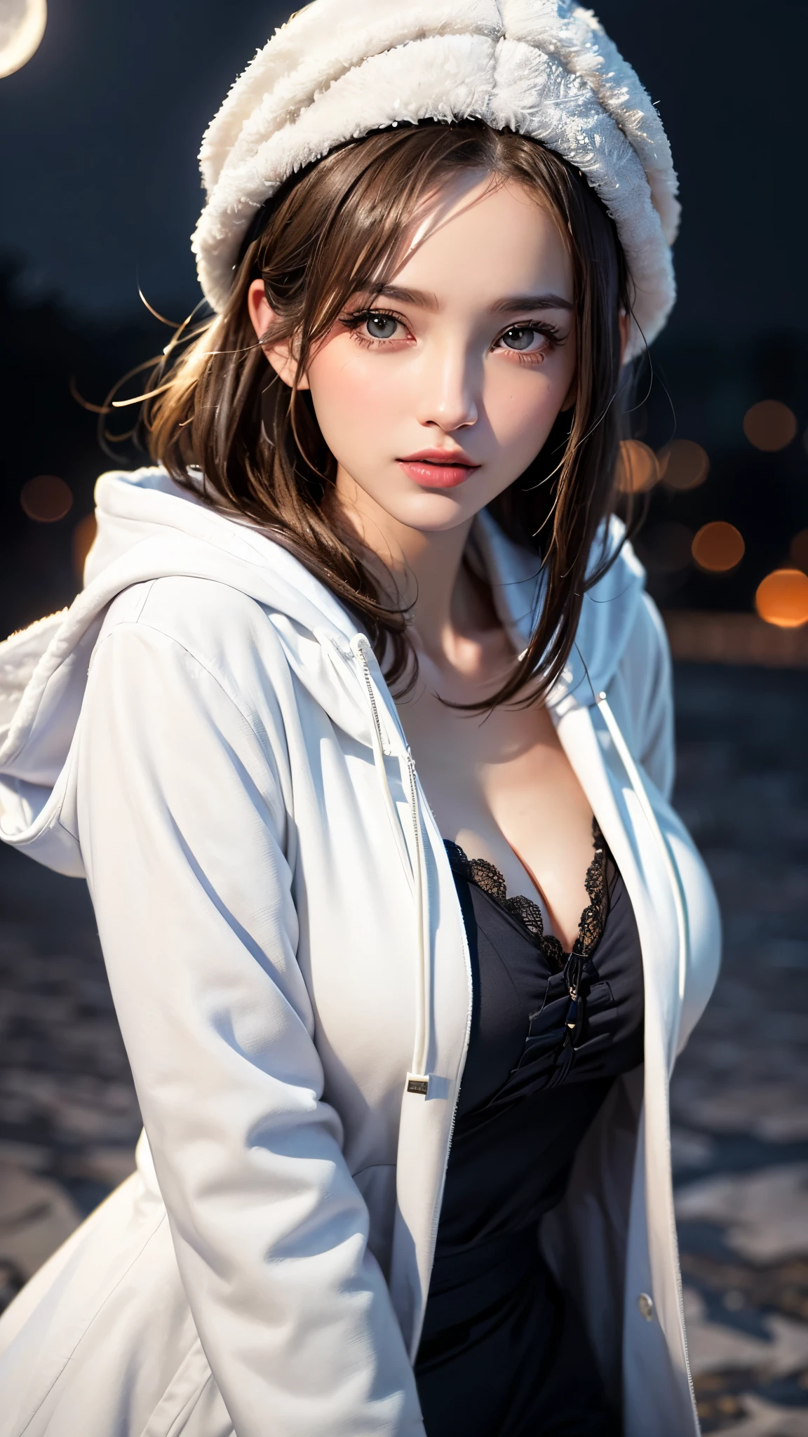(UHD, retina, masterpiece, accurate, anatomically_correct, textured_skin, super_detail, high_details, high_quality, best_quality, high_res, 1080P, HD, 4K, 8k, 16k), (beautiful_detailed_eyes, beautiful_detailed_lips, extremely_detailed_eyes_and_face), soft_lighting, physically-based_rendering, vivid_colors, (large_breasts, glamorous_body:1.5), (shiny_hair, shiny_skin, tanned_skin, blush), (bangs:1.5), eye_reflection, (bokeh, simple_background), (fur_clothes, knit, smile_and_laugh:1.5), (profile:1.37),