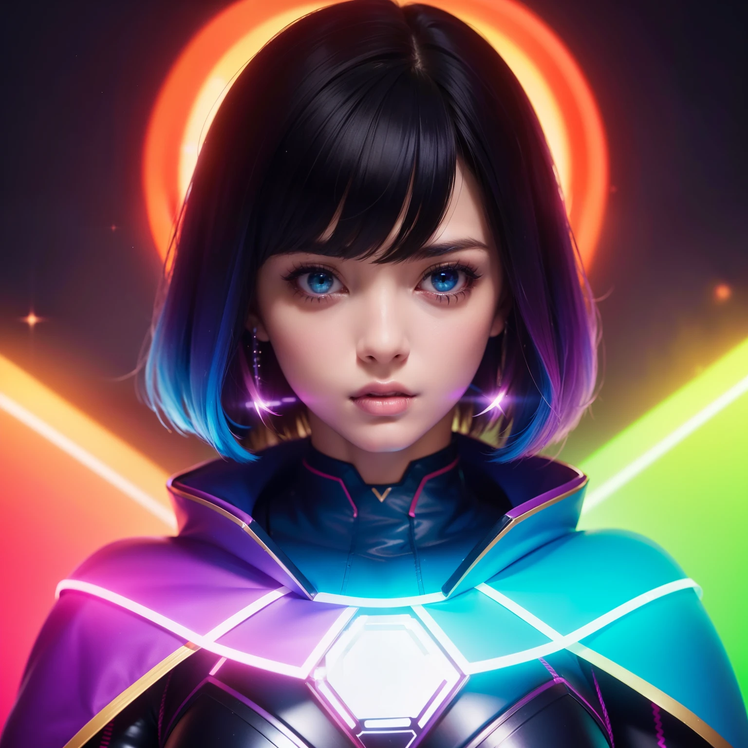 Bust to waist ((perfect beauty face)) perfect skin, hyperrealistic masterpiece, Superheroine girl ((fringe glowing colorful)) in extremely complex & superdetailed tight plugsuit ((with white cape)), sharp focus, cinematic illumination: 8k, (((neos-cyberpunkcore aesthetic style::1)))