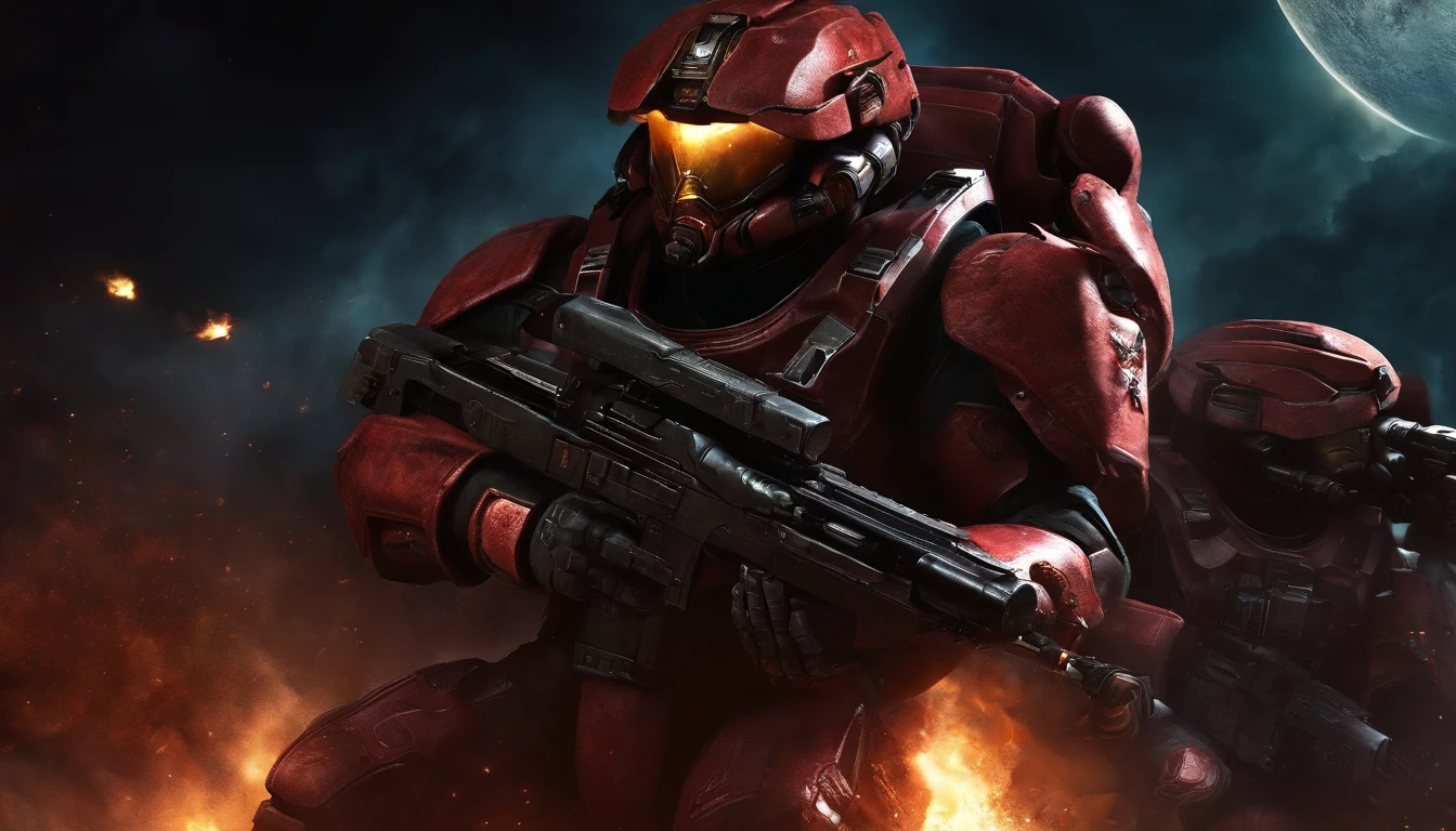 StarCraft 2 marine with (opened helmet visor), very angry face, holding the C-14 rifle pointing forward in hands, dead zerlings around, other marines and firing (siege tank) at the distance, dark red night sky, stars, fire