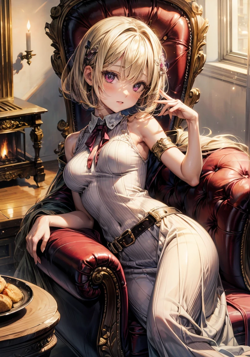 ((Highest quality)), ((masterpiece)), (detailed), (nsfw), the cartoon girl is sitting on the couch wearing a pink outfit and holding a bottle, 1girl, 独奏, thighhighs, twintails, pelvic curtain, white thighhighs, double bun, breasts, long hair, blush, blue eyes, looking at viewer, chinese clothes, sitting, spread legs, open mouth, tongue out, naughty face, pussy, vaginale,Sex, woman on top