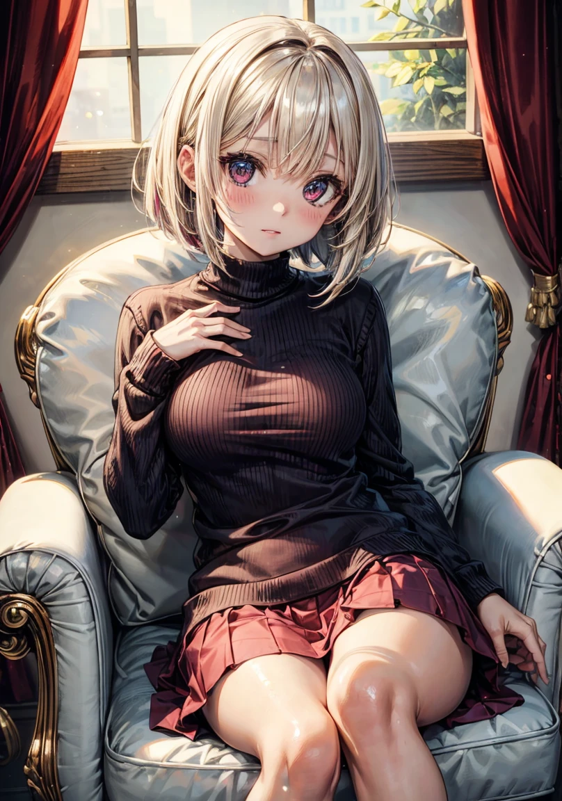 masterpiece, absurdres, best quality, ultra detailed, high Resolution, detailed illustration, extremely beautiful detailed face and eyes, bright colour, 1girl, (li), cute face, Delicate beautiful face, magenta eyes, cute eyes, sparkling eyes, big eyes, medium breasts, (perky breasts:1.1), (pointy breasts:1.1), medium hips, glamorous body, white skin, surprise, BREAK, long bob cut, (blonde hair:0.8), messy hair, detailed hair, shiny hair, BREAK sweater, long skirt, tiny ribbon, stove, sitting chair, living, real world, natural lights, perfect lighting,