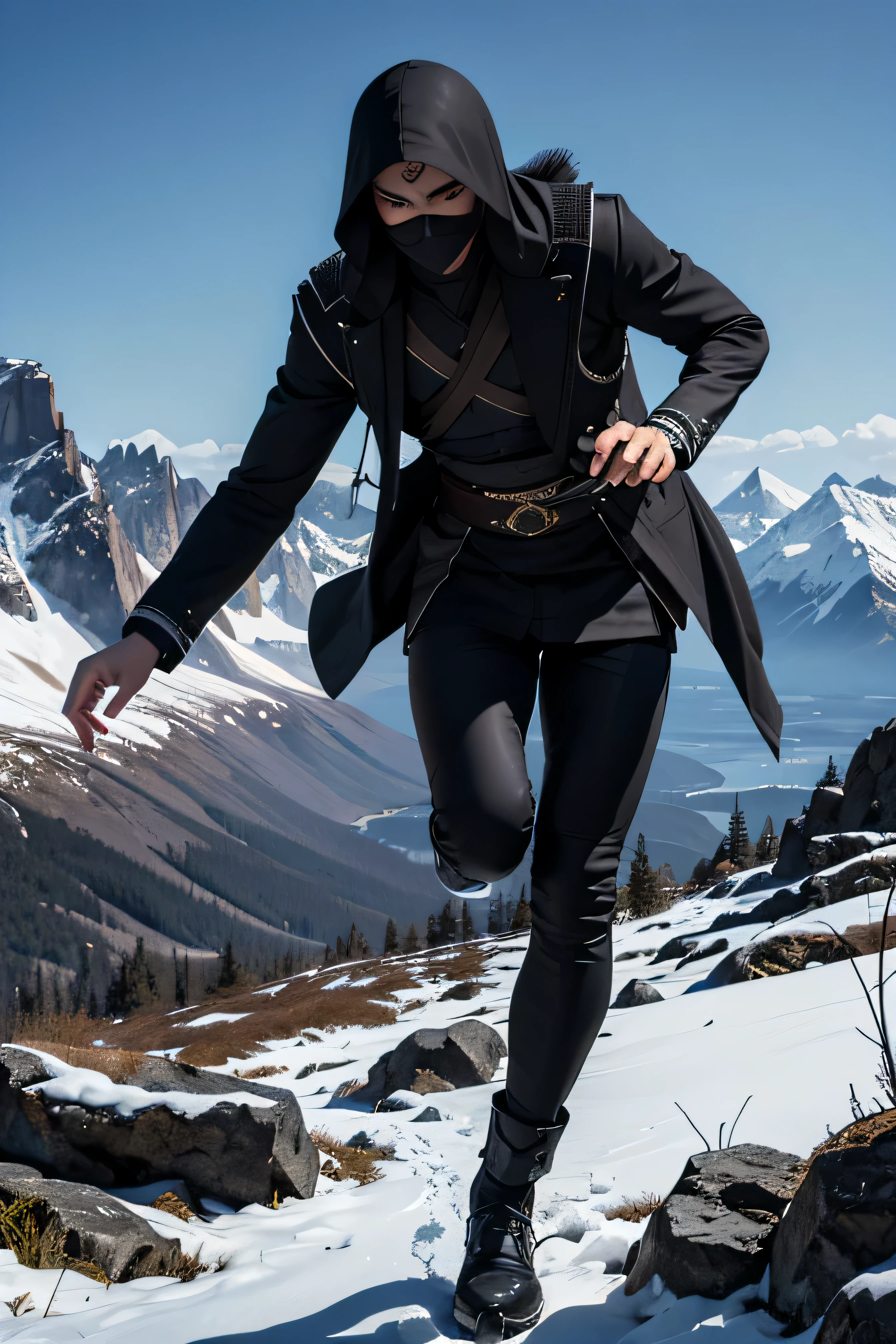 Best quality, masterpiece, ultra high res, (photorealistic:1.4), detailed face, detailed eyes, raw photo, young handsome male, black hair, (full body), perfect face, perfect hands, perfect eyes, view from top, (mountain background:1.2), ((night)), wearing black clothes, ((assassin)), ninja, black face covering, ((running))