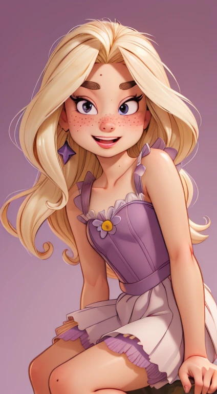 ((best quality, masterpiece:1.2), detailed face: 1.1) rizdraws) ultra-detailed face, soft pointed features, ultra high res, 1 (18yo), australian, looking at viewer, pale skin tone, face freckles, (long blonde floating hair), (small bust: 1.2), (blushing), (wearing "rapunzel" disney tangled costume) (long flowing purple skirt) (lavendar laced bustier) (long plaited blonde wig) (no shoes)