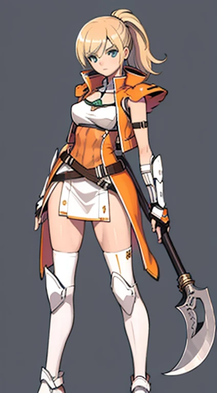 (((Best Quality))) , ((full body)), female, character design, solo, (white background), holding axe, gauntlets, waist armor, thigh high, side slit trench skirt, blue, orange, green, violet, brown, white, colorful outfit, vest, tactical vest, bikini,
