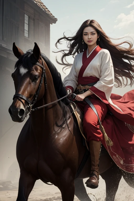 (RAW Photo, 4k, Realistic, Delicate and Meticulous Skin), Masterpiece, Best Quality, Official Art, Unity 8k Wallpaper, Ultra Detail, (Soft Light), Cinematic Look, High Saturation, Best Anatomy, Volume Fog, Slim Body, Full Body, 1 Girl, Red Clothes, (with Weapon on the Waist), Sword, Long Hair, Brunetette, Solo, Blood, Armguards, Complex Background, Looking at the Audience, Black Eyes, Cloth, Floating Hair, Evil Smile, Hanfu, Dynamic Movement, Dynamic Pose, Bandages wrapped around hands, dust carried by the wind, (riding a horse; 1.5)