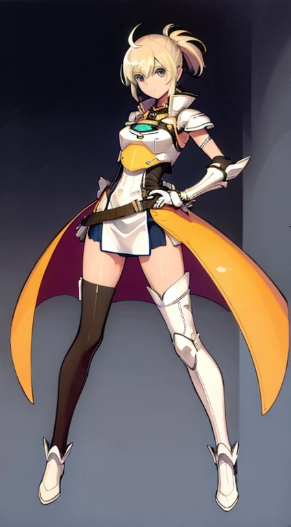 (((Best Quality))) , ((full body)), female, character design, solo, (white background), holding axe, gauntlets, waist armor, thigh high, side slit trench skirt, blue, orange, green, violet, brown, white, tactical vest, short pants,