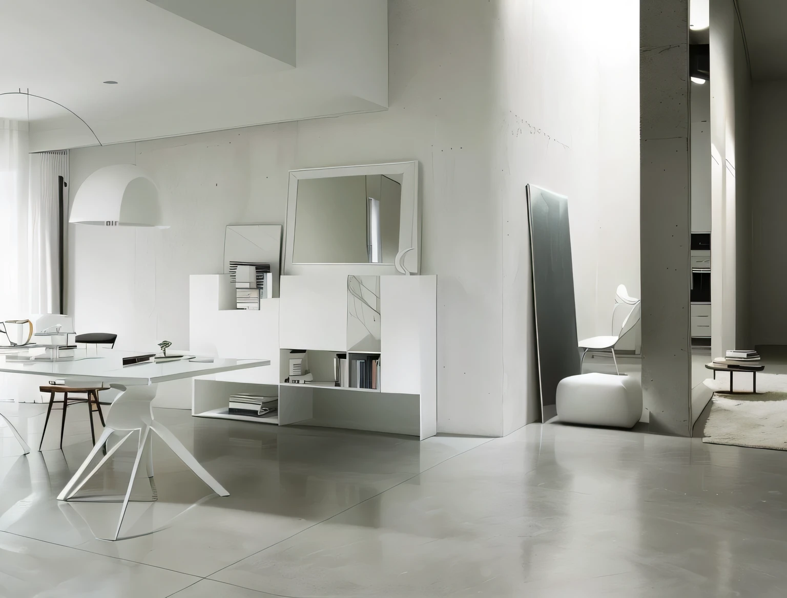 There is a white table in the room,There is a mirror on it, elegant minimalism, Headquarters&Quote;, minimally modern, &Quote;clear focus&Quote;, &Quote;clear focus&Quote;, white concrete floor, author:Bernardino May, Thomas Bock, smooth white, dramatic&Quote;, dramatic&Quote;, design, Concrete high-tech interior, modern and , ocher, author:Jürgen von Hundberg, Smart design, glossy white