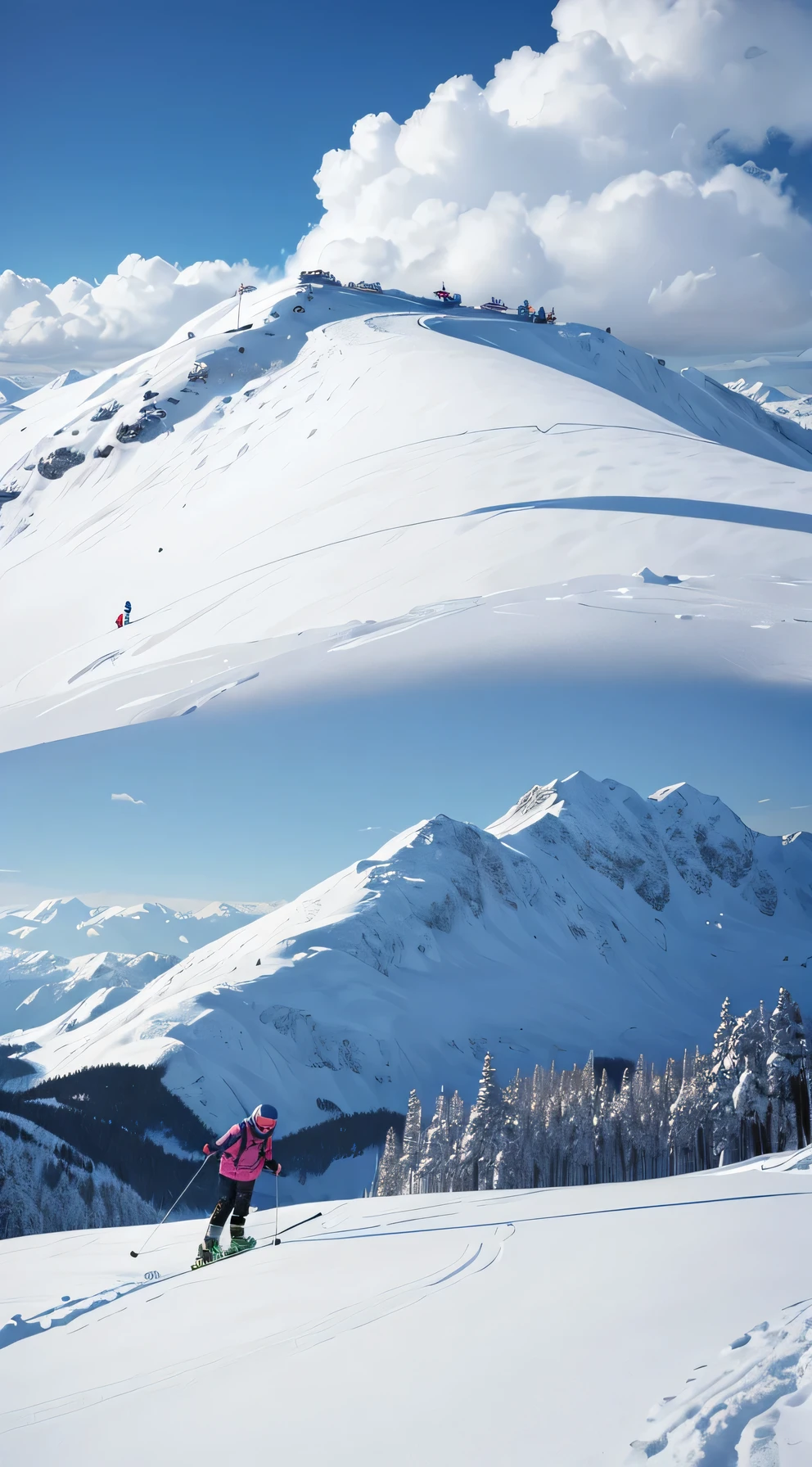 Girl skiing on the distant mountain under the sky,Snowmen piled nearby。