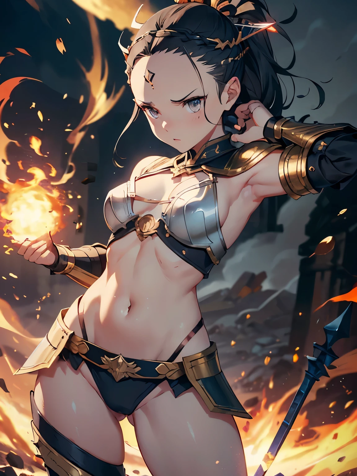 1 Valkyrie,(flat chest,small breasts:1.2), bokatan,( hair ornament,circlet:1.5),(detailed heavy armor,Navel exposed:1.3), short ponytail hair,(forehead hair:1.5),(hold a huge spear:1.2),( battle pose:1.3), Photorealistic, Hyperrealistic, Hyperdetailed, analog style, hip cocked, demure, low cut, detailed skin, matte skin, soft lighting, subsurface scattering, realistic, heavy shadow, masterpiece, best quality, ultra realistic, 8k, golden ratio, Intricate, High Detail, film photography, soft focus, blurry background,toned body,(Explosive flames, explosive smoke)