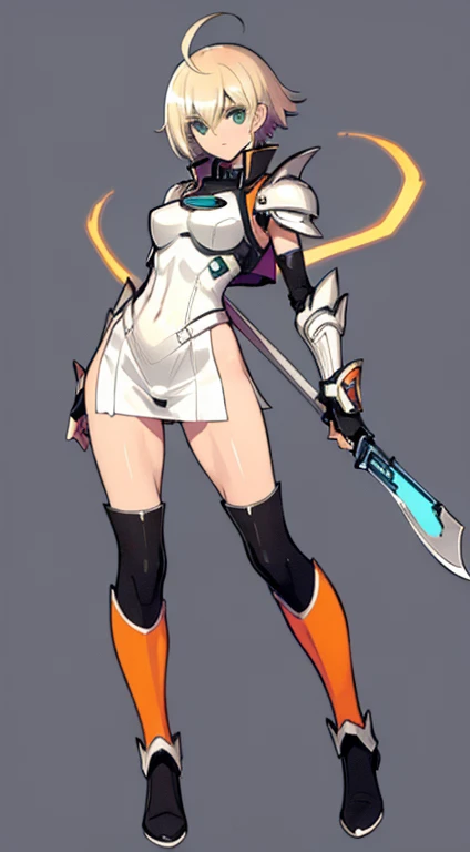 (((Best Quality))) , ((full body)), female, character design, solo, (white background), holding axe, gauntlets, waist armor, thigh high, side slit trench skirt, blue, orange, green, violet, brown, white, tactical vest, short pants, leotard,