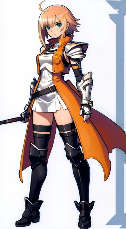 (((Best Quality))) , ((full body)), female, character design, solo, (white background), holding axe, gauntlets, waist armor, thigh high, side slit trench skirt, blue, orange, green, violet, brown, white, tactical vest, short pants, high leg,