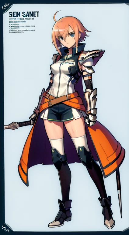 (((Best Quality))) , ((full body)), female, character design, solo, (white background), holding axe, gauntlets, waist armor, thigh high, side slit trench skirt, blue, orange, green, violet, brown, white, tactical vest, short pants, high leg,