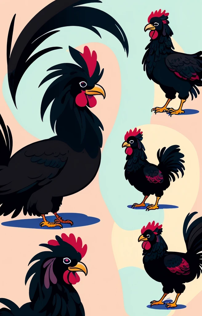 STYLE: kids illustration | SUBJECT: a playful prized black Rooster | AESTHETIC: super kawaii, bold outlines | COLOR PALETTE: pastel | IN THE STYLE OF: Sanrio