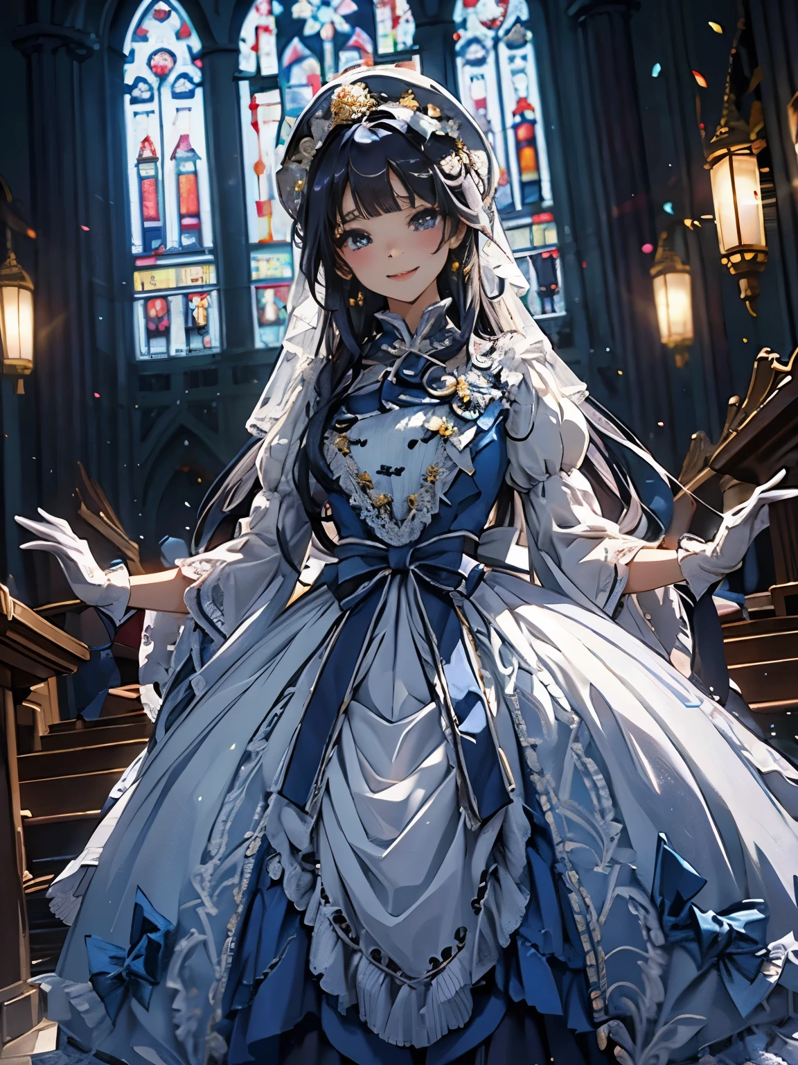 In front of the altar of a majestic church、(blurry background)、bright light、golden long hair girl、Classic White Wedding Dresses、(elegant luster)、(Lots of races)、lots of ribbons、((voluminous puff sleeves))、long cuffs with many buttons、golden embroidery、long train、white embroidered gloves、5 fingers、A smile、Redness of the cheeks