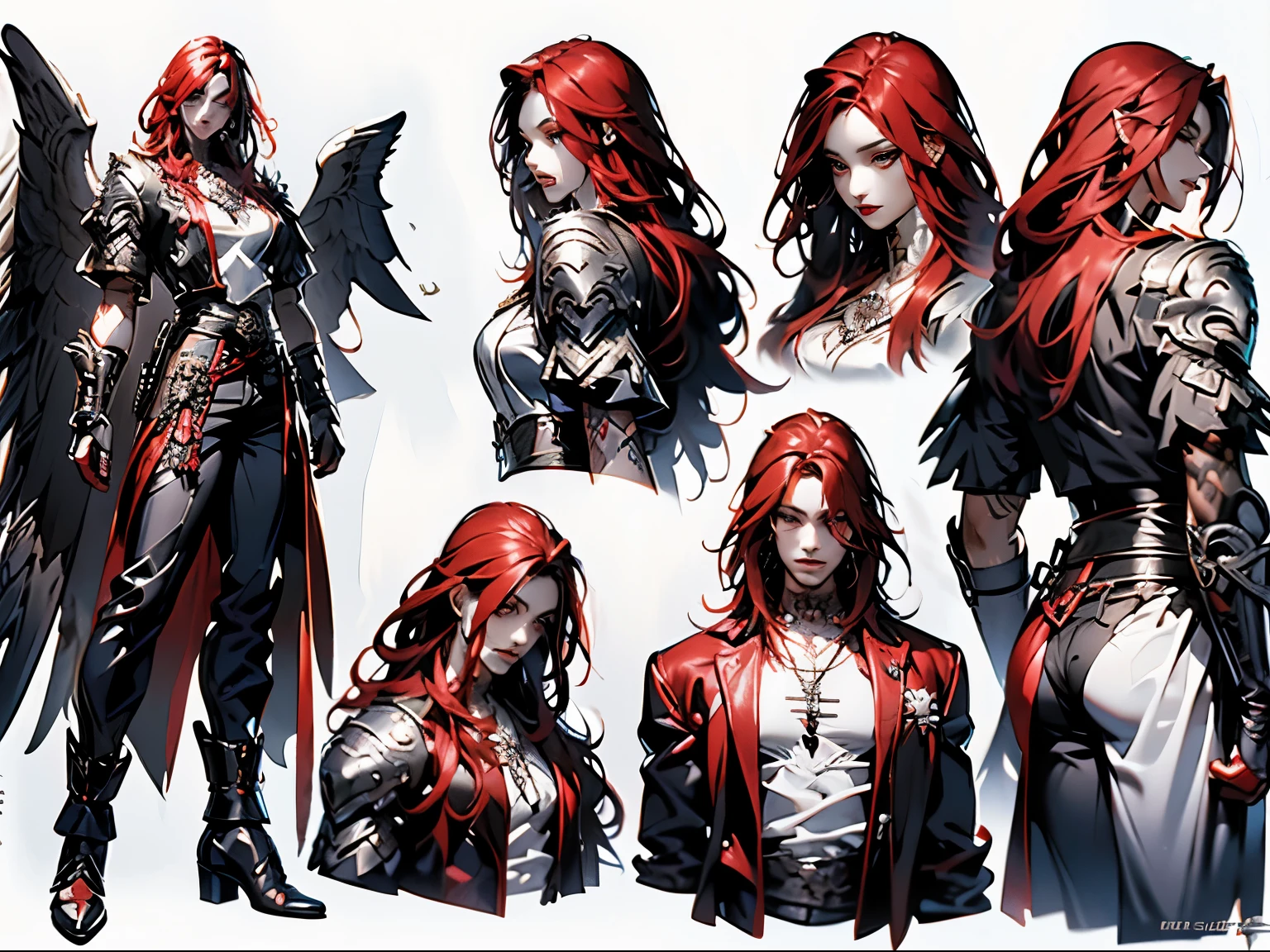 Character sheet, full body, front and side view, handsome angel man, 2 white wings, sexy, bad boy, long red hair, tattoos, black leather pants, gothic make up