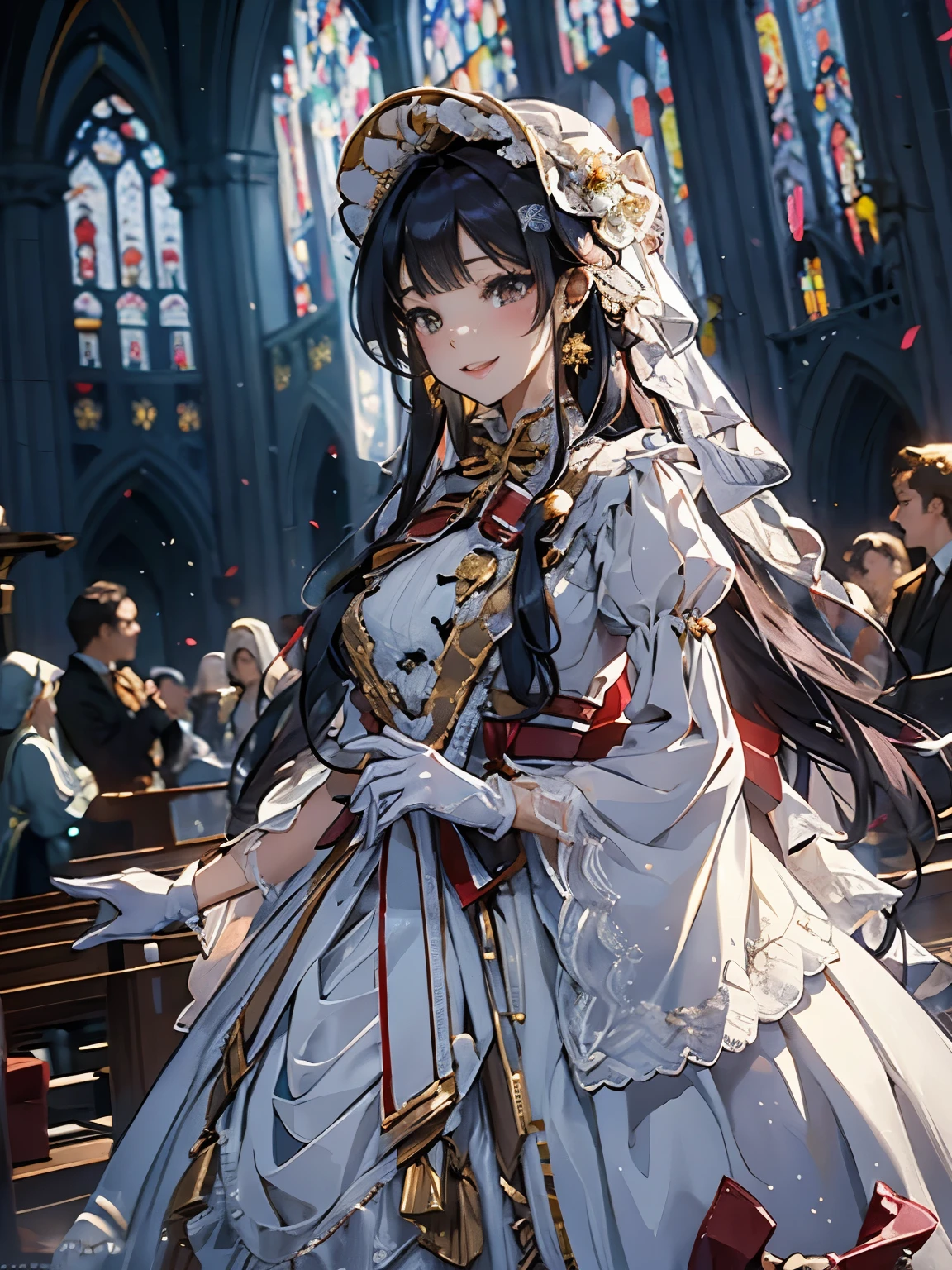 In front of the altar of a majestic church、(blurry background)、bright light、golden long hair girl、Classic White Wedding Dresses、(elegant luster)、(Lots of races)、lots of ribbons、((voluminous puff sleeves))、long cuffs with many buttons、golden embroidery、long train、white embroidered gloves、5 fingers、A smile、Redness of the cheeks