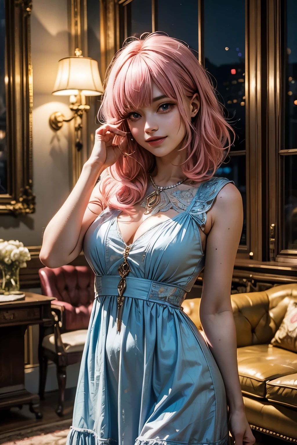 (1Girl, Russian, Beautiful, smiling, 18yo, ((Messy pink hair with a fringe)), (pink perfects eyes), ((wearing ((blue)) dress))), ((In old mannor living room at night time)),