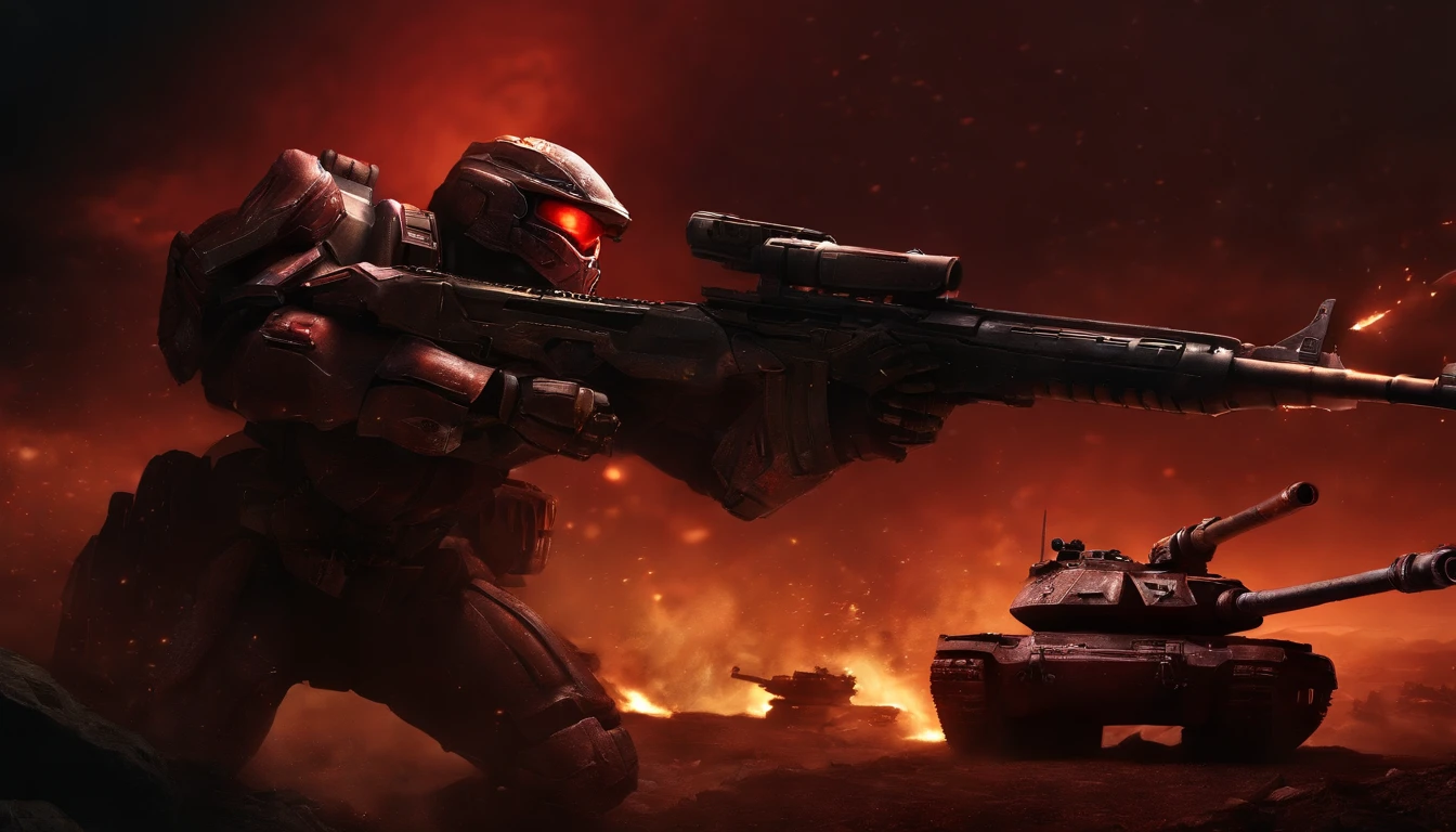 StarCraft 2 marine with (opened visor), very angry face, holding the C-14 rifle pointing forward in hands, (((bodies of dead zerlings around))), (((firing siege tank behind))), dark red night sky, stars, fire