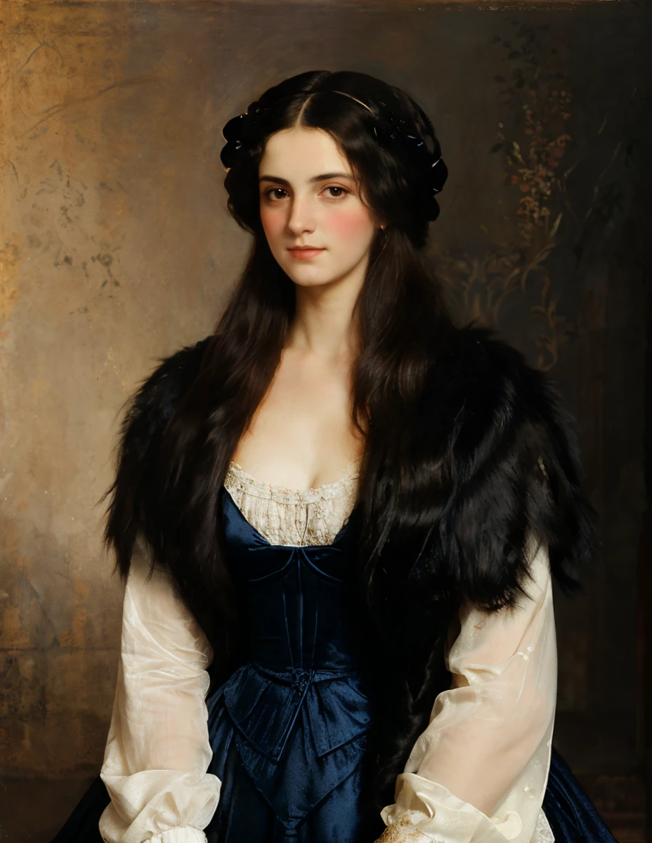Art by Titian, girl, black hair, proud in her eyes, robe covering her dress, noble, queen-like