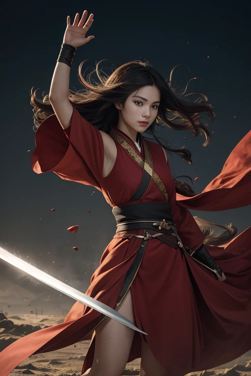 RAW Photo, 4k, Realistic, Delicate and Meticulous Skin), Masterpiece, Best Quality, Official Art, Unity 8k Wallpaper, Ultra Detailed, (Soft Light), Cinematic Look, High Saturation, Best Anatomy, Volume Fog, Slim Body, Full Body, 1 Girl, Looking at the Audience, Red Clothes, (with a Weapon on the Waist), Sword, Long Hair, Brunette Hair, Solo, Blood, Armguards, Complex Background, Looking at the Viewer, Black Eyes, Cloth, Floating Hair, Evil Smile, Hanfu, Dynamic Movement, Dynamic Pose, with bandages wrapped around hands, the wind carries dust,