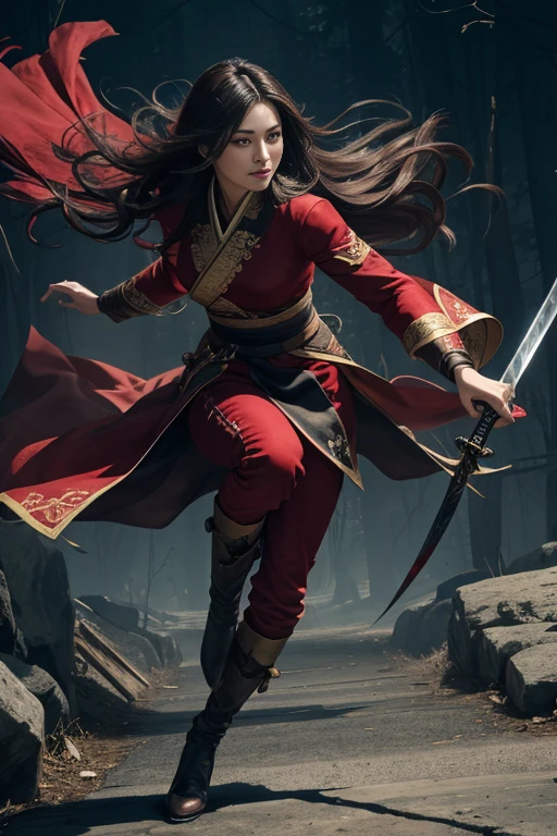 RAW Photo, 4k, Realistic, Delicate and Meticulous Skin), Masterpiece, Best Quality, Official Art, Unity 8k Wallpaper, Ultra Detailed, (Soft Light), Cinematic Look, High Saturation, Best Anatomy, Volume Fog, Slim Body, Full Body, 1 Girl, Looking at the Audience, Red Clothes, (with a Weapon on the Waist), Sword, Long Hair, Brunette Hair, Solo, Blood, Armguards, Complex Background, Looking at the Viewer, Black Eyes, Cloth, Floating Hair, Evil Smile, Hanfu, Dynamic Movement, Dynamic Pose, with bandages wrapped around hands, the wind carries dust,