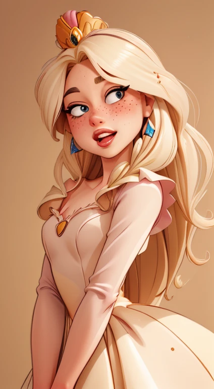 ((best quality, masterpiece:1.2), detailed face: 1.1) rizdraws) ultra-detailed face, soft pointed features, ultra high res, 1 (18yo), australian, looking at viewer, pale skin tone, face freckles, (long blonde floating hair), (small bust: 1.2), (blushing), (wearing a "princess aurora" disney sleeping beauty ballgown costume) (long sleeved long dark pale pink dress) (gold trim accents) (long straight blonde hair wig) (gold bejewelled crown) (red lipstick)
