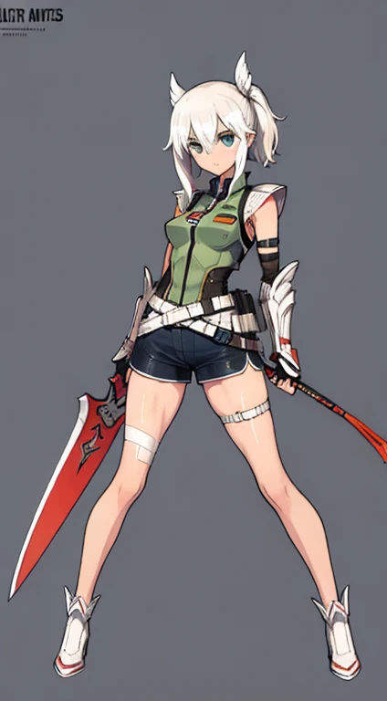 (((Best Quality))) , ((full body)), female, character design, solo, (white background), holding axe, gauntlets, waist armor, thigh high,  blue, orange, green, violet, brown, white, tactical vest, short pants, 