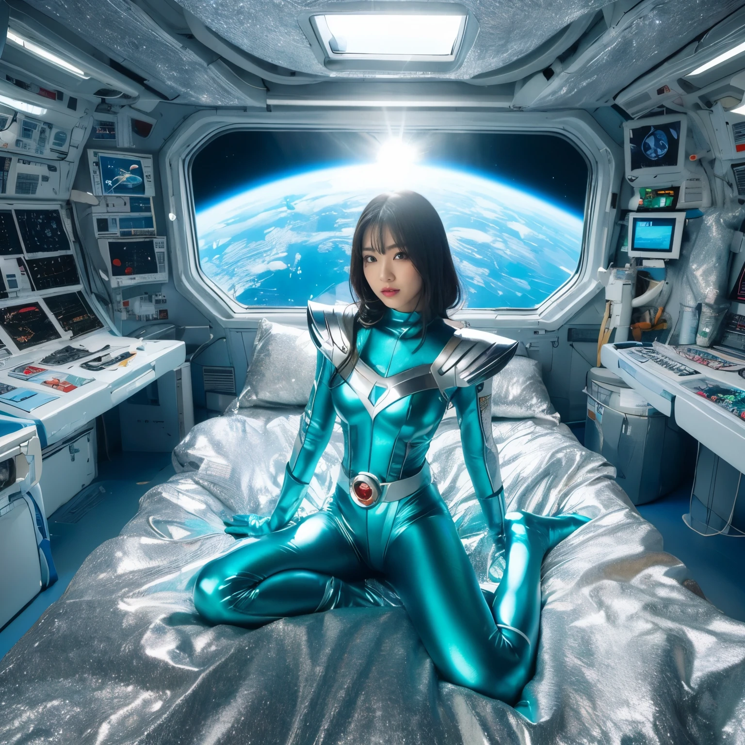 An arafe woman wearing a super uniform sitting on a bed on a space station, powerful woman sitting in space, in galaxy japan, Inspired by Hajime Sorayama, Silver and turquoise blue super uniform, space girl, portrait live action、 Space Super Sentai candidate girl's son, Super Sentai Goddess of the Universe, art deco space woman, in outer space, Beautiful woman wearing super uniform