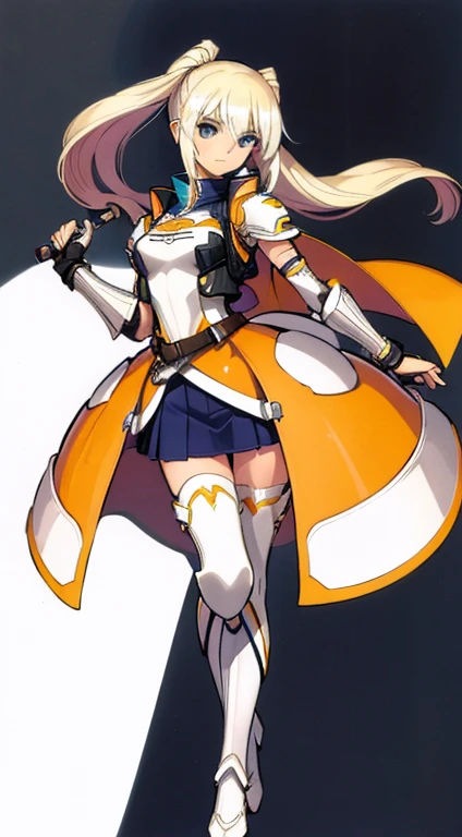 (((Best Quality))) , ((full body)), female, character design, solo, (white background), holding axe, gauntlets, waist armor, thigh high, trench skirt, blue, orange, green, violet, brown, white, tactical vest,