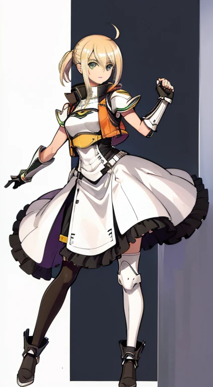 (((Best Quality))) , ((full body)), female, character design, solo, (white background), holding axe, gauntlets, waist armor, thigh high, trench skirt, blue, orange, green, violet, brown, white, tactical vest,