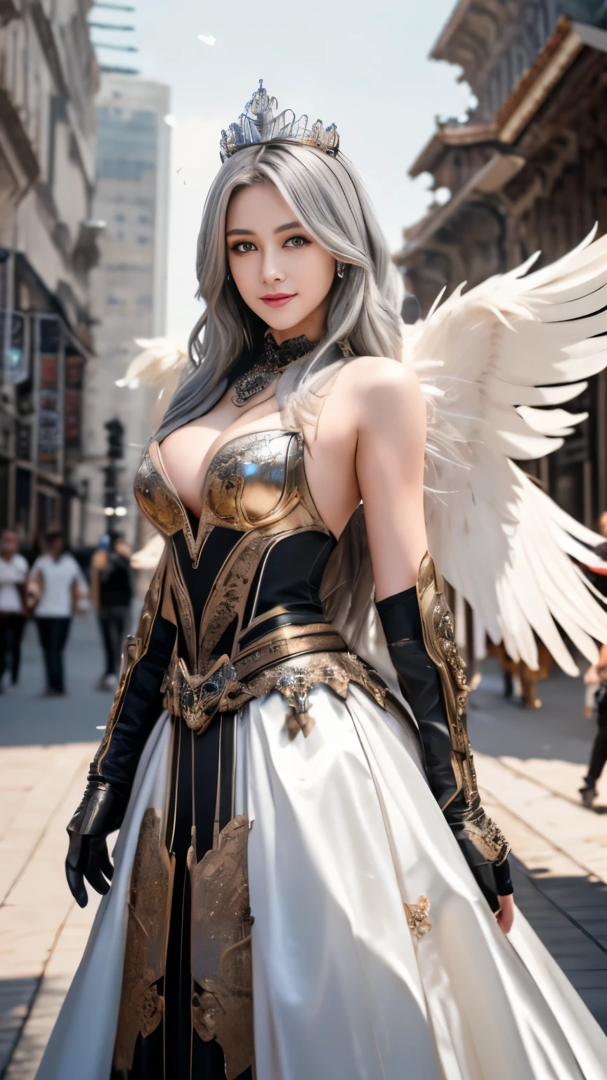 (highest quality, masterpiece:1.4), (realism:1.2), (Realistic:1.2), (disorganized:1.2), (realistic:1.3), 1 girl,realistic skin,alone,( very big eyes,beautiful and detailed eyes, symmetrical eyes), mekangel, wing, alone, armor, mechanical wing, Supermodel posing dramatically , translucent, cinematic composition, 8K resolution ,(shine:1.2),many rings of light above,Sacred,broken city,cloud, ,kingdom,crown,Wind,lots of feathers,backlighting,intelligence,pieces of machinery,Artistic,Canon EOS 1DX Mark III camera,cocktail dress lactar art:1.1), drill hair,festival, Holding a great sword、Upper body、cleavage、gray hair、smile