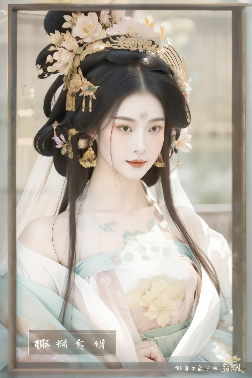 Close-up of woman wearing headdress and veil, beautiful fantasy queen, ((beautiful fantasy queen)), palace ， A girl wearing Hanfu, Inspired by Lan Ying, Inspired by Qiu Ying, beautiful figure painting, Princesa chinesa antiga, chinese empress, Inspired by Huang Ji, white hanfu, dragon, Gilded Lotus Princess