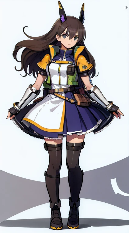 (((Best Quality))) , ((full body)), female, character design, solo, (white background), holding axe, gauntlets, thigh high, trench skirt, blue, orange, green, violet, brown, white, tactical vest,