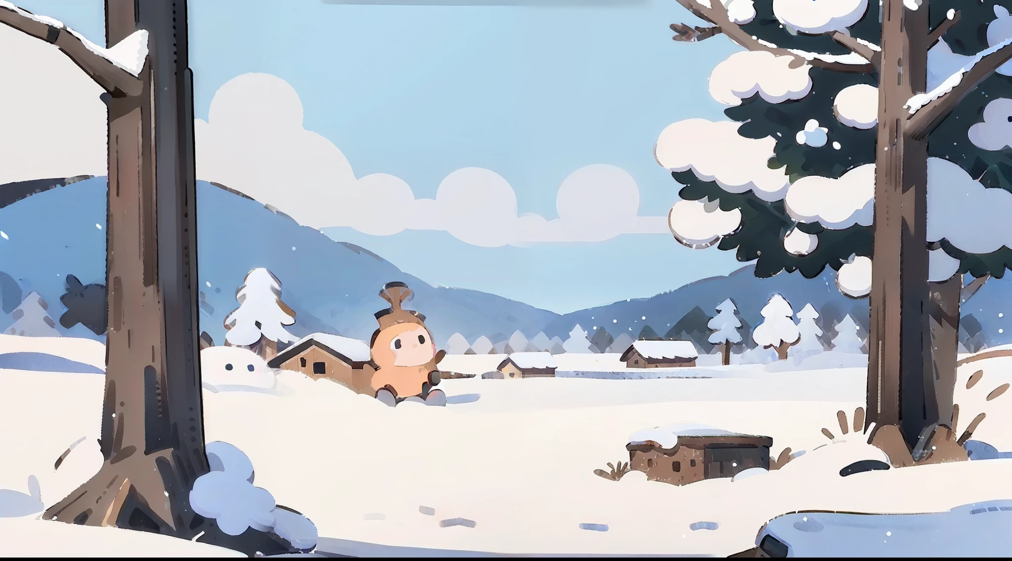 iw 2 , chibi, illustration, sketch, , bright, 开阔的snow地和零星的树木, Blurred vision, light white mountain, snow, light blue sky, snow, blur background, painting style, 色彩bright而生动、 ,Extremely detailed cg unity 8k wallpaper, dramatic, HD, intricate details, 手绘板painting style, bright, Realistic ink scene style, 