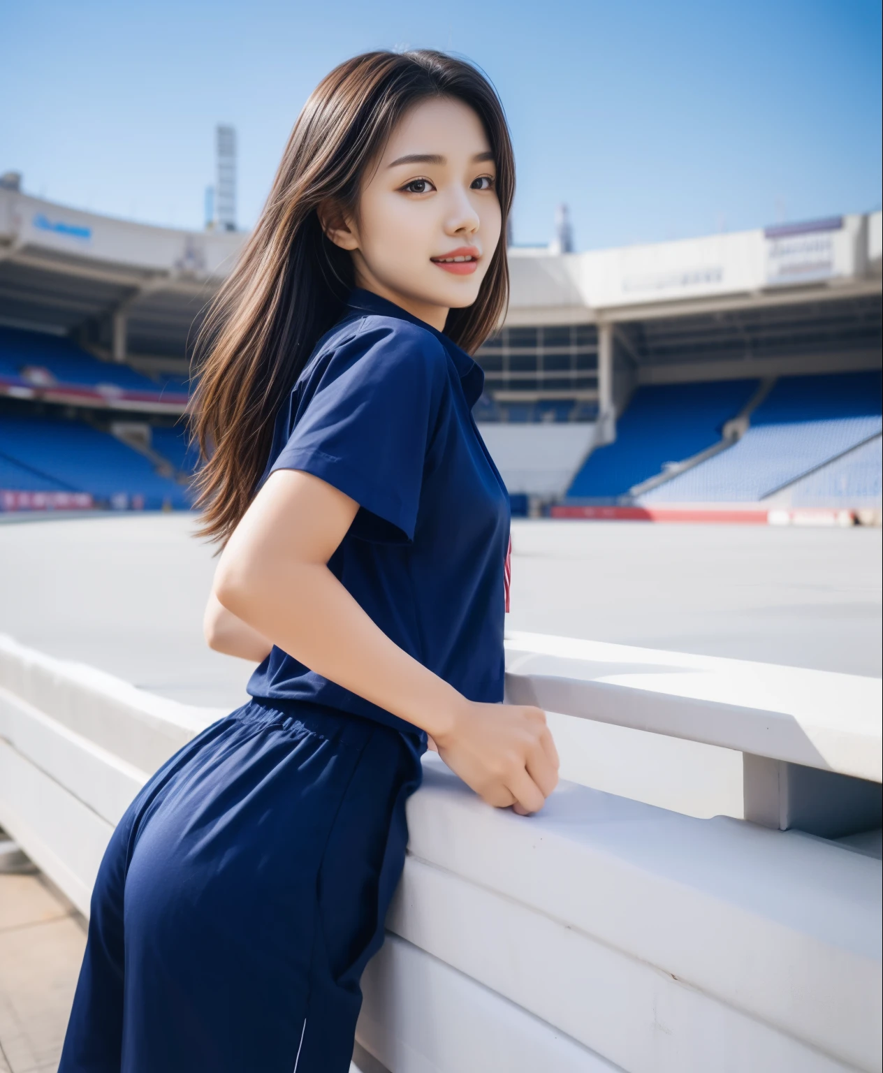 (best quality,10,10,height,Masterpiece:1.2),Special details,(realistic,ภาพrealistic,Realistic photos:1.37),1 cute girl on the football field,shiny skin,only,smile softly,BDclothelue shirt:1.3)),short sleeve,shirt, trousers.,(navy_long_ติดตามtrousers:1.1), ((stadium background:1.3)),Dynamic angle,excited,Face focus,dynamic poses,from behind,focus ass,Masterpiece, best quality, ultra realistic, hyper detail, 8k resolution, raw photos, Sharp focus, ((Navy blue shirt:1.1)), short sleeve, เส้นทางlong, perfect bodyแบบ, 2 mature women, 18 yo, Cinema-grade lighting,trousersวอร์มสีน้ําเงิน,gym wear,correct anatomy,perfect body, correct body, sharp face, correct bodyทางกายวิภาค, full body, realistic gestures, long-haired, realistic poses,Wear long shorts..............................,ช่วงขาlong,fit,sculpted girl, Slender figure, mannequin, fit, beautiful body,trousersวอร์มสีน้ําเงิน, two girls kissing