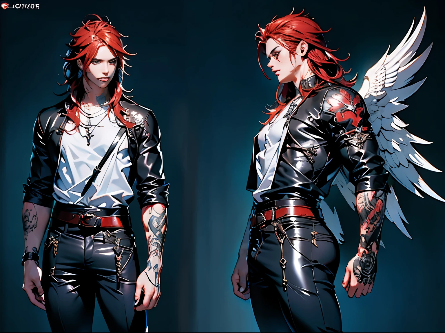 Character sheet, full body, front and side view, handsome angel man,18 years old, 2 white wings, sexy, badass, red hair, tattoos, black leather clothing, gothic make up