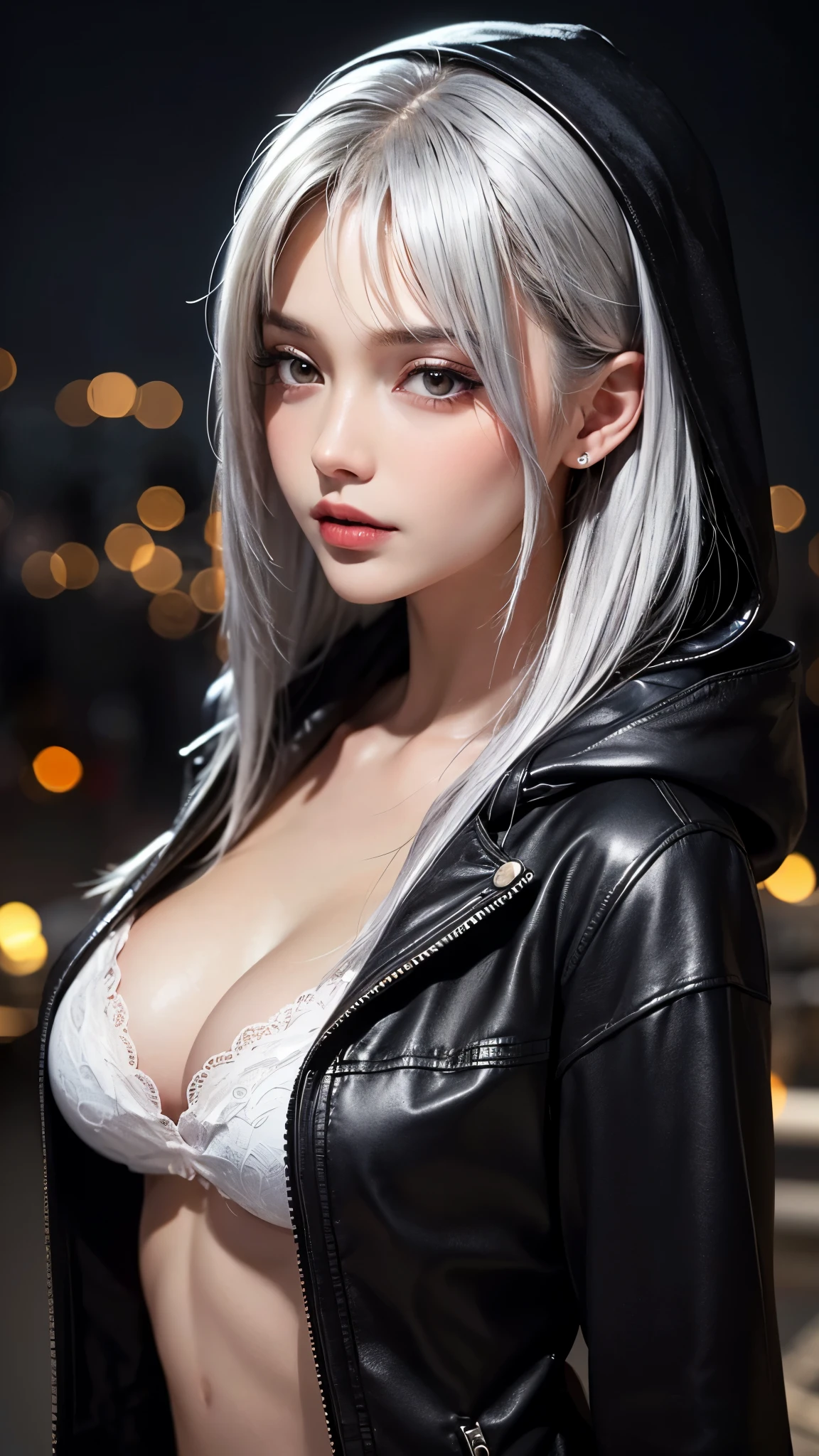 (UHD, retina, masterpiece, accurate, anatomically correct, textured skin, super detail, high details, high quality, best quality, high res, 1080P, HD, 4K, 8k, 16k), (beautiful detailed eyes, beautiful detailed lips, extremely detailed eyes and face), soft lighting, physically-based rendering, vivid colors, (large breasts:1.5), (portrait, shiny hair, shiny skin), eye reflection, (bokeh, moonlight:1.5), (black coat, wear the hood on your head, tanned skin:1.5), silver hair,