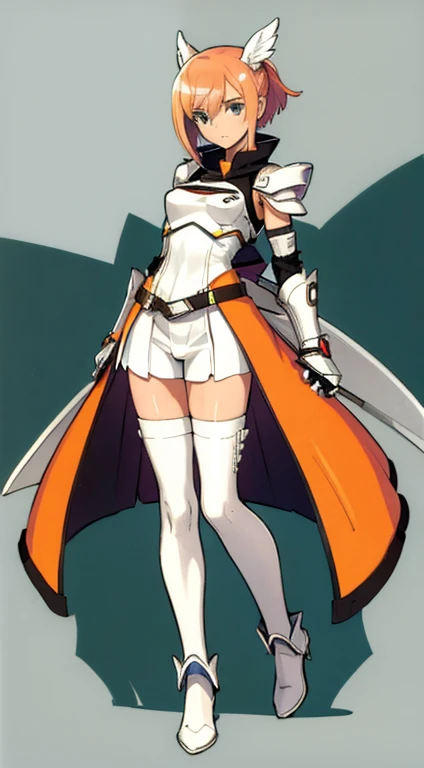 (((Best Quality))) , ((full body)), female, character design, solo, (white background), holding axe, gauntlets, waist armor, thigh high, side slit trench skirt, blue, orange, green, violet, brown, white, tactical vest, short pants, leotard, fantasy,