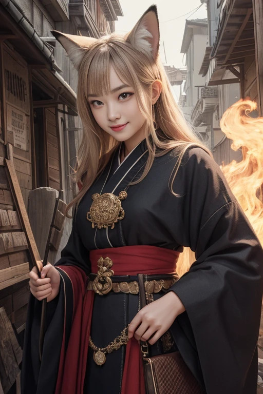 1girl,solo, happy smiling official art, unity 8k wallpaper, ultra detailed, beautiful and aesthetic, beautiful, masterpiece, best quality, Kitsune witch, fox mask, haori jacket, foxfire spell, fox familiar, transformation,depth of field,