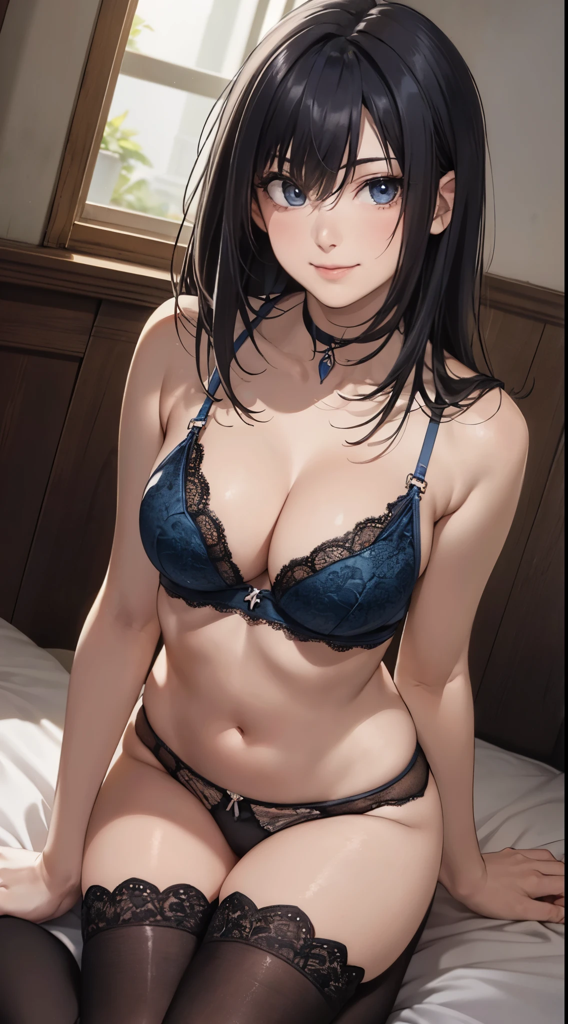 (masterpiece:1.5), (the Extremely Detailed CG Unity 8K Wallpapers:1.5),(Realistic,Photorealsitic,hyper realisitic:1.5),(Aesthetic Anime Eyes:1.4),(18year old:1.4),(View from below:1.5),(A slender:1.49,
(Curve,Model,Farbe care:1.5),Beautiful breasts,Farbe_aberration,beautiful detailed shadow,Beautiful eyes,Beautiful body,Beautiful skin,beautifull hands,(cowboys_shot:1.4),(Seductive smile:1.4),(Kneeling on the bed:1.3),(black thighhighs:1.4),(Black panties,lace-trim,an lingerie,lace trimmed legwear,black falbe lace:1.3),(Dark hair:1.4),
(Best Quality:1.5), High quality shadows, Beautiful detailed, Beautiful face, Detailed eyes, depth of fields, hight resolution, Best Shadow, Best Illumination, 1girll, view the viewer, black falbe hair, Blunt bangs, Long hair, (Deep blue Farbe eyes:1.3), Shy, (Large breasts:1.4), Miniskirt, Blouse, Blazer, pump,cleavage,Focus on the crotch,